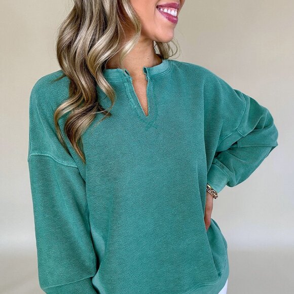 Skobeloff Solid Color Notched Neck Drop Shoulder Sweatshirt - Picture 2 of 11